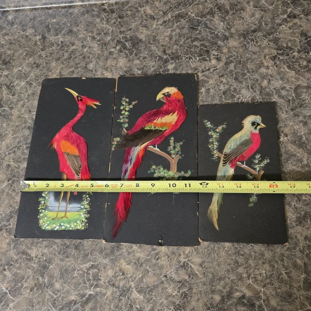 Vintage Mexican Feathercraft Bird Art Set 3 Real Feathers Folk Art Wall Decor